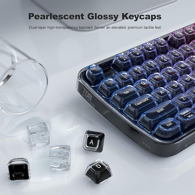 GEEZER Computer Backlit Keyboard Black Crystal - Full-Size Bluetooth Wireless Rechargeable Transparent Keycap Portable Keyboards Compatible with Windows, Laptop, PC, Desktop