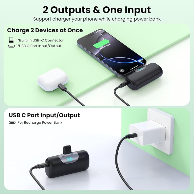 [2-Pack]5500mAh Portable Charger for iPhone 17/16, LCD Display USB C Mini Power Bank, PD Fast Charging Travel Lipstick Sized Battery Pack for iPhone 17/16/15 Pro Max, Samsung Galaxy S25/S24, Pixel etc