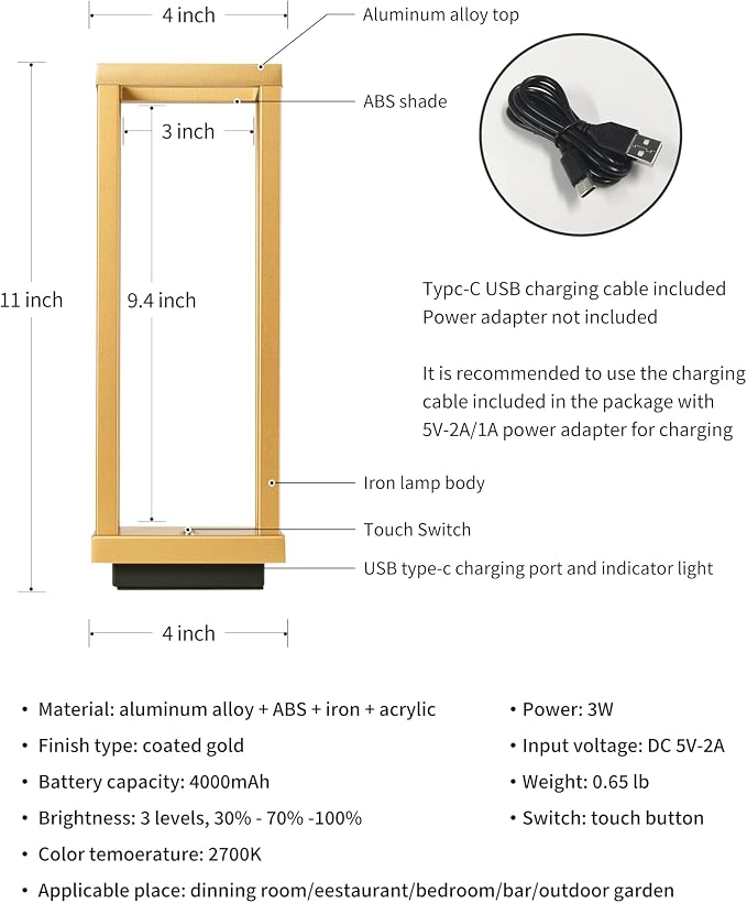PUSU Cordless Waterproof Table Lamps Set of 2, Gold Outdoor Rechargeable 4000mAh Battery Operated Desk Lamp 2700K 3-Level Dimmable, Portable LED Lighting for Patio, Camping, Bedroom, Night Light