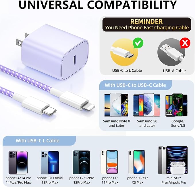 Phone Charger Fast Charging, 4 Pack 20W USB C Wall Charger Block with 6FT Charging Cable Type C Fast Charge Block Compatible with Phone 14/14 Pro Max/13/13 Pro/12/12 Pro/11/11 Pro/XS, Pad and More