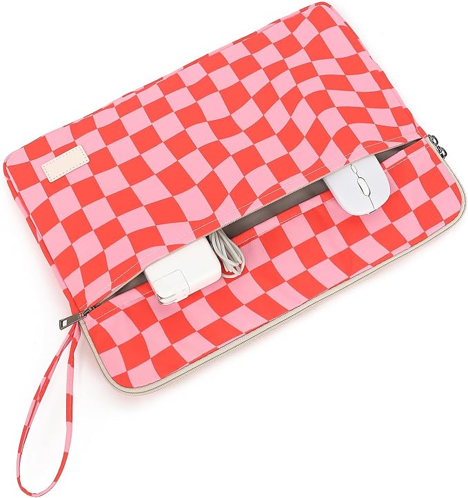 Pink Checkered Laptop Sleeve Case with Handle and Pockets for MacBook Pro 16 and 15 Inch,15.6 Inch Laptop