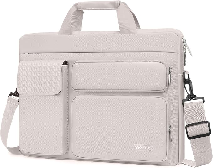 MOSISO Laptop Shoulder Bag 13.3 inch, 13-14 inch Computer Bag Compatible with MacBook Air/Pro 13 / Pro 14, HP Dell ASUS Lenovo with 2 Raised&1 Flapover&1 Horizontal Pocket&Handle&Belt, Stone Gray