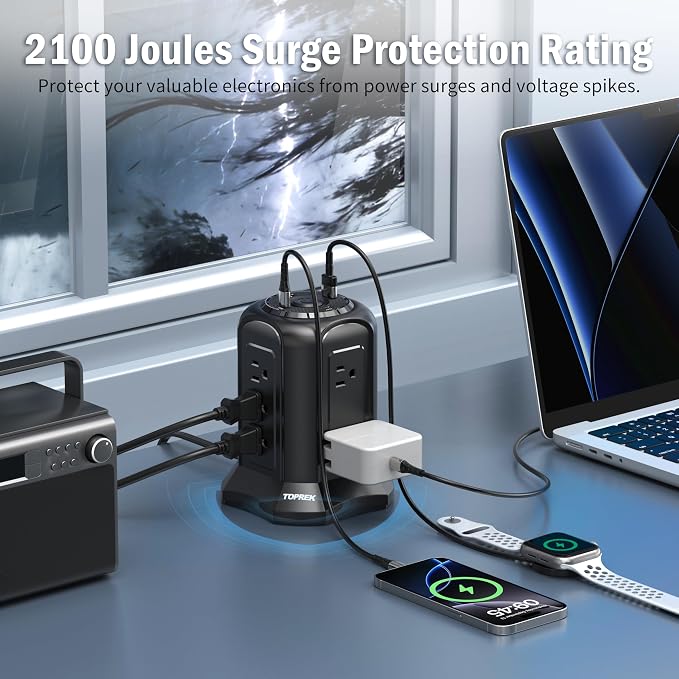 TOPREK Power Strip Surge Protector Tower (2100J) – 10 Outlets, 2 USB-C (20W PD3.0 Fast Charging), 2 USB-A, Flat Plug 6.5FT Extension Cord for Home Office, Dorm, and Multiple Devices Charging Station