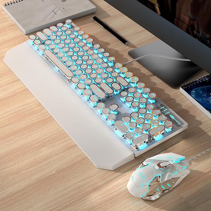 Typewriter Mechanical Gaming Keyboard and Mouse Combo, Retro Punk Round Keycaps RGB Rainbow Backlit Wired Keyboard for Game and Office, for Windows Laptop PC, Red Switches(White)