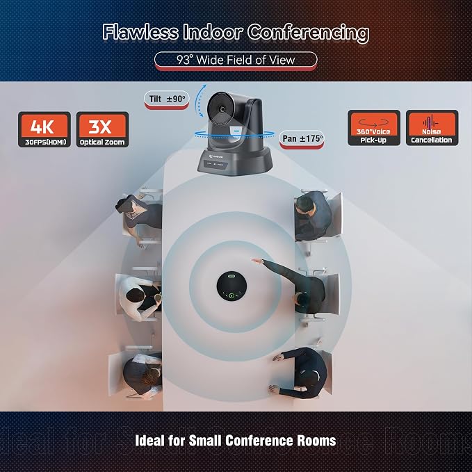 TONGVEO Conference Room Camera System 4K UHD 3X Optical Zoom 93° Ultra-Wide FoV USB3.0 PTZ Camera and Wireless Bluetooth Speakerphone with Microphones, Works with Zoom, OBS, Skype, Teams and More