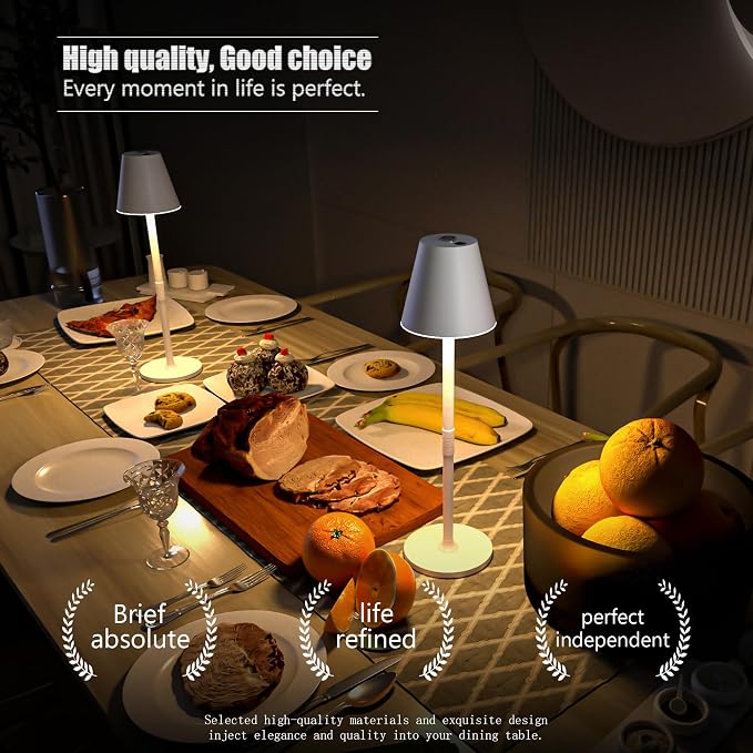 Timjorman 2-Pack Cordless Table Lamps - 5000mAh Rechargeable Battery Operated Desk Lamp, 3-Level Dimmable LED Night Light for Bedroom, Dining, Restaurant - Metal Design (White 2-Pack)