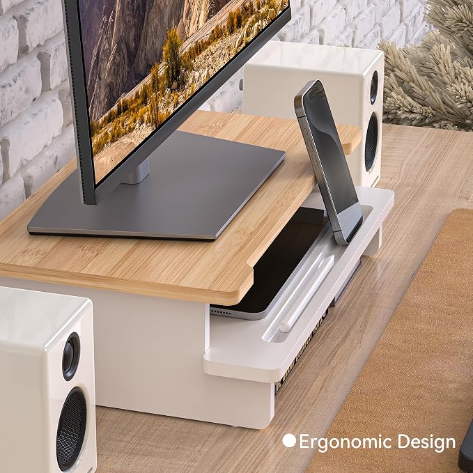 Computer Monitor Stand Riser, 16.5 Inch Wood Desk Shelf Storage Organizer with Phone Tablet Holder, White & Natural Bamboo