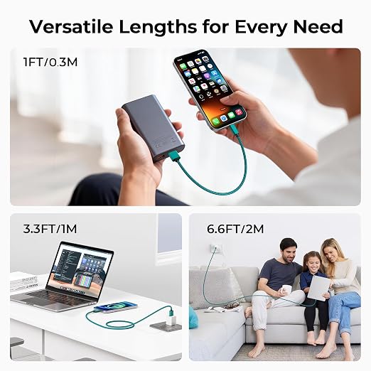 Basesailor for iPhone 17 16 Pro Max Charger Cord,USB to USB C Cable,Type C Charging Power Cord for Apple 17e 15 iPad 10 Air 4 5,Samsung Galaxy S26 S25 S24 S23,Green,3Pack 1.5/3.3/6.6FT(0.5/1/2M)