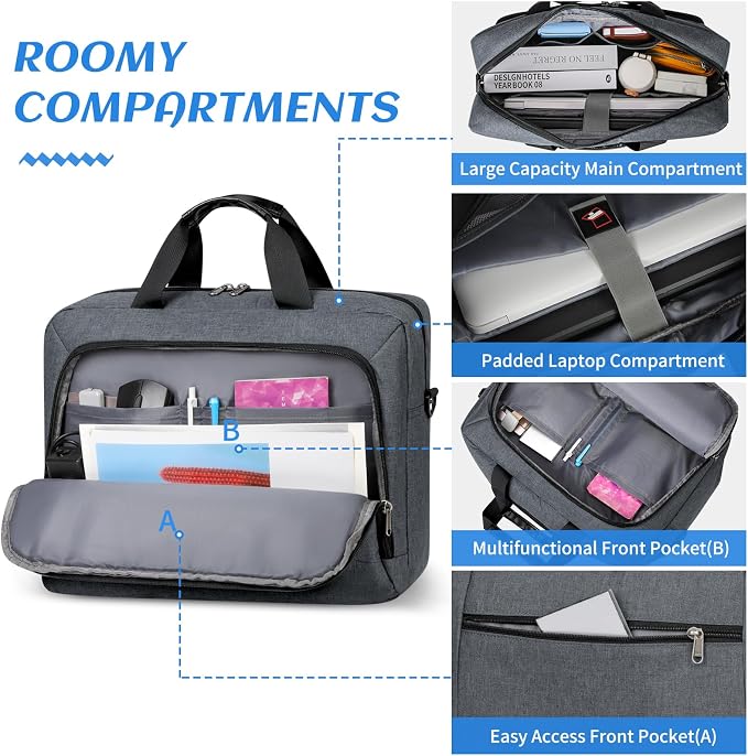 Laptop Bag 15.6 Inch Laptop Briefcase Computer Bag for Men Women Waterproof Business Office Work Large Laptop Case 15.6 Inch Adjustable Shoulder Messenger Bag Grey