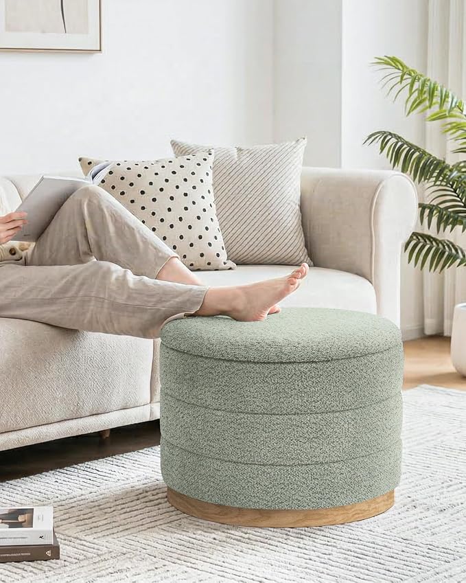 B FSOBEIIALEO Round Storage Ottoman with Tray, Folding Ottoman with Storage Coffee Table Foot Rest for Dorm Room Living Room Chenille Fabric,Sage Green,22.83"x22.83"x17.33"