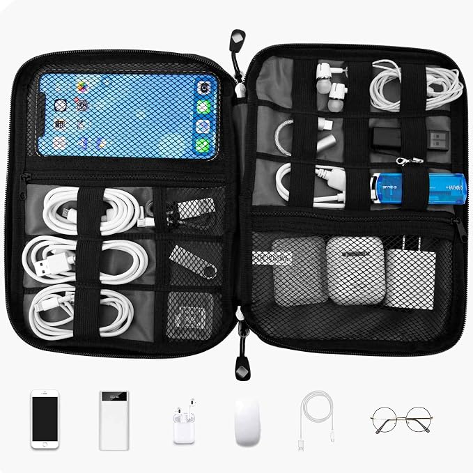 Travel Cable Organizer Bag Waterproof Portable Electronic Accessories Organizer for USB Cable Cord Phone Charger Headset Wire SD Card with 5pcs Cable Ties(Orange)