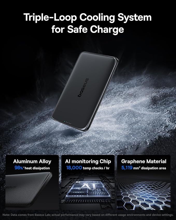 Baseus Picogo Power Bank, 0.3" Ultra Slim 5000mAh MagSafe Battery Pack, Upgraded CCC Certified and Polished Alloy Magnetic Portable Charger, Wireless Charger for iPhone 17/16/15/14/13/12