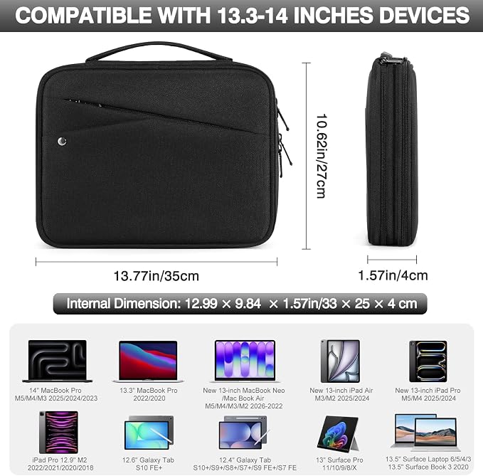 MoKo 13.3-14 inch Laptop Sleeve Case with Multi-Pockets for New 13" MacBook Neo A18, 14" Mac Pro M3/M2/M1, 13" MacAir M4/M3/M2/M1, Protective Padded Handle Laptop Bag with Accessories Pockets, Black