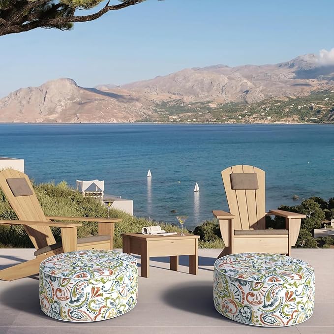 DYTXIII Inflatable Ottoman Stool D21 xH9 for Outdoor/Indoor Use, Water Repellent Patio Foot Rest with Portable Handle,Round Pouf Ottoman Suitable for Garden,Deck and Camping-Paisley Botanical