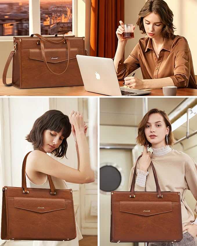 LOVEVOOK Laptop Bag for Women, 15.6'' Laptop Tote Purse 2-in-1 Professional Work Bag Business Briefcase with Clutch Purse, Waterproof Vintage Leather Computer Handbag for Teacher Office Travel