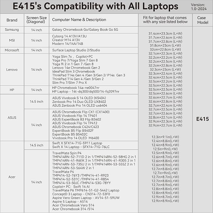 Smatree 14 inch Laptop Sleeve for Acer Swift 14 AI Copilot+PC/Aspire 5 A514, ConceptD 3 CN314-72-53F0, Aspire Vero Green AV14-51, Chromebook 514/314/Spin 514/Vero 514, Laptop Case with Pocket (E415)