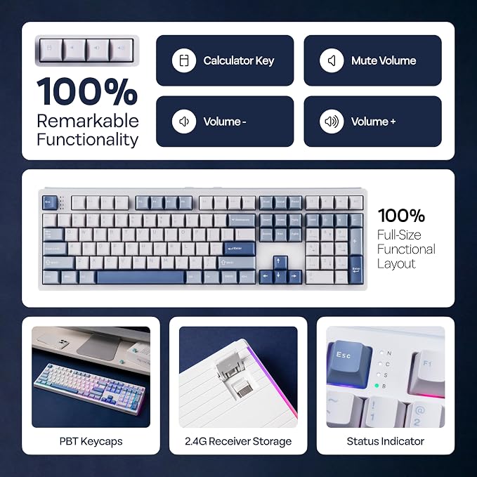 MechLands EPOMAKER TH108 Full Size Mechanical Keyboard, Wireless Gaming Keyboard, 8000mAh Battery, Creamy Gasket, 108 Keys, Hot Swap, Custom Driver, RGB Backlights (Blue&White, Creamy Jade Switch)