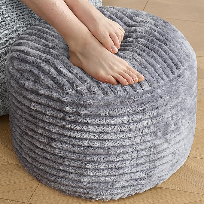 SHOUREN Stuffed Round Ottoman,Corduroy Pouf Ottoman Foot Rest with Foam Filling,Pouf Storage Ottoman Footstool for Living Room,20 X 15 Floor Poufs for Couch - 20 X 15 Inches,Dark Grey