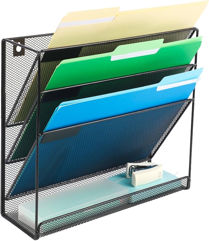 EASEPRES Desk File Organizer Mesh 4-Tier, Hanging Wall Mount Document Organization Stand, Desktop Vertical Mail Paper Folder Holder Rack with Bottom Tray for Office Home Cubicle Countertop, Black