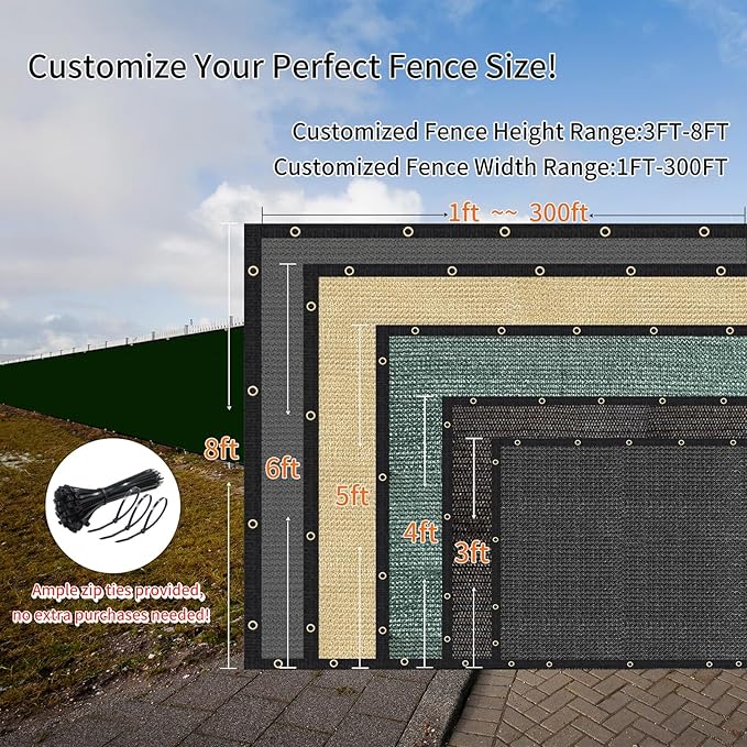 KANAGAWA 3ft x61ft Balcony Privacy Screen Fence, 90% Blockage Heavy Duty 175 GSM Fencing Mesh Net Cover for Outdoor Wall Garden Yard Backyard, Cable Zip Ties Included, Dark Green