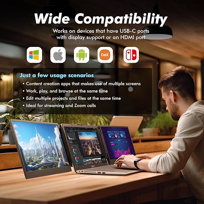Asani 14" Portable Monitor - Full HD Tri-Screen Extender for Laptops, USB Type-C plus HDMI, Plug and Play, Compatible with 13"-17" Laptops, 1080P IPS Panel Display, 300nits Brightness, MacOS & Windows
