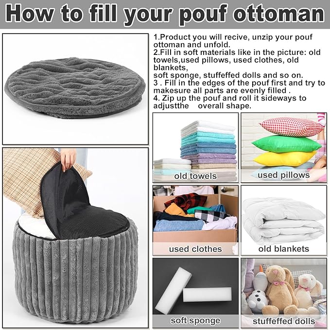 Teenyyou 2 Pcs 20 x 15 Inch Unstuffed Pouf Cover Ottoman Foot Rest - No Filler, Faux Rabbit Fur Foot Stool Floor Bean Bag Floor Chair Storage for Living Room Bedroom Home Decor(Gray)