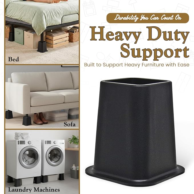 Kings Brand Furniture 6-inch Bed Risers - Set of 4 Black Heavy Duty Stackable Furniture Risers for Under Bed Storage, Desk, Sofa, Couch