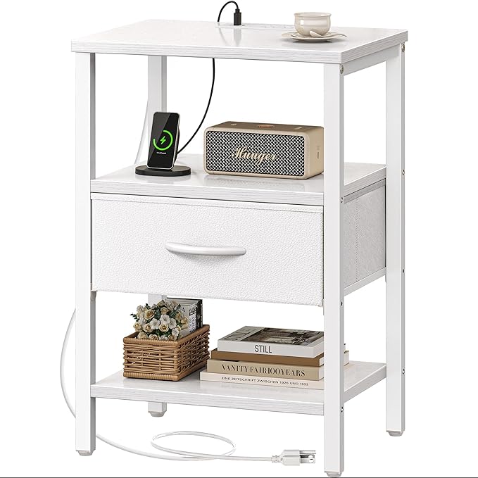 SUPERJARE Nightstand with Charging Station, Bed Side Table with Adjustable Fabric Drawer, Night Stand for Bedroom, 3-Tier Storage End Table, for Living Room, White