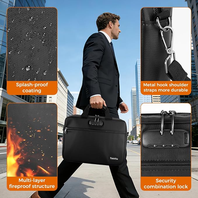 Tamfile Laptop Bag, 14 inch Fireproof Safe Messenger Bag for Laptop or Tablet, Computer Bag Safe Storage with Shoulder Strap and Handle, Shoulder Bag Carrying Case for Travel, Office, Home, Black