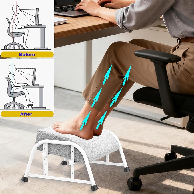 Under Desk Footrest with Memory Foam,Adjustable 10-Level Ergonomic Foot Rest for Office & Gaming Desk for Leg Rest,Reinforced Metal Frame,Non-Slip Base Extra Large（White No Baseplate