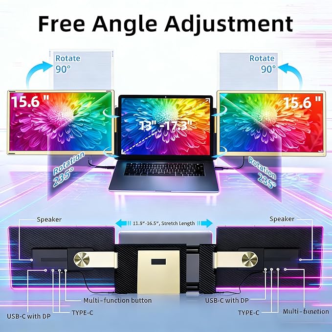 ROYY Laptop Screen Extender Double Monitor - 15.6" Detachable Portable Computer Monitor, FHD 1080P IPS 235 Degrees Rotation Extra Screen Compatible with Mac Wins Dex Chrome Fits 13-17" Laptop