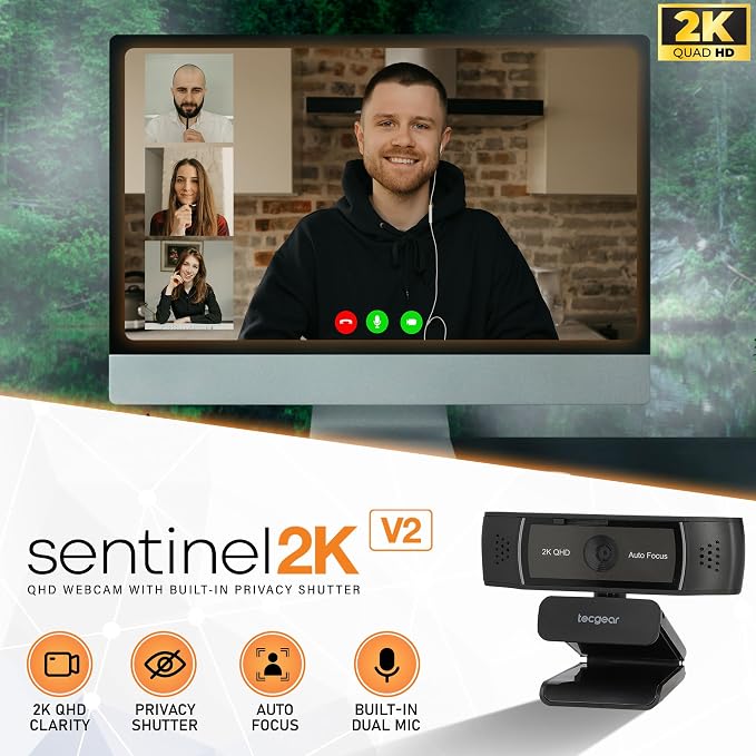 Sentinel 2K Webcam for PC with Microphone, Touch Control, Autofocus, Privacy Shutter & 360° Adjustable | Camera for Computer, Laptop & Mac | USB Video Streaming for Zoom/Skype/Google Meet/Team