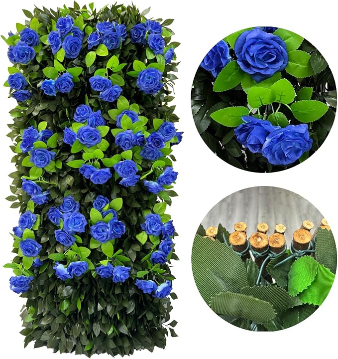 GLANT Expandable Fence Privacy Screen for Balcony Patio Outdoor,Decorative Faux Ivy Fencing Panel,Artificial Hedges (Single Sided Leaves) (4, Branches -Blue Rose)