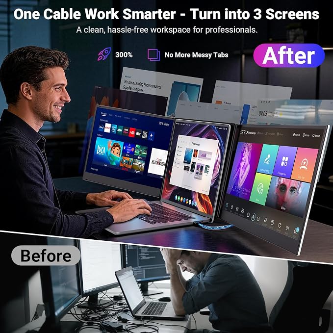 15.6" One-Cable Laptop Screen Extender, Ultra-Thin 1080P FHD Triple Portable Monitor, Travel Monitor for 13–17.3" Laptops, USB-C/USB-A Connection, Dual Monitor Compatible with Mac/Windows/Android/Dex