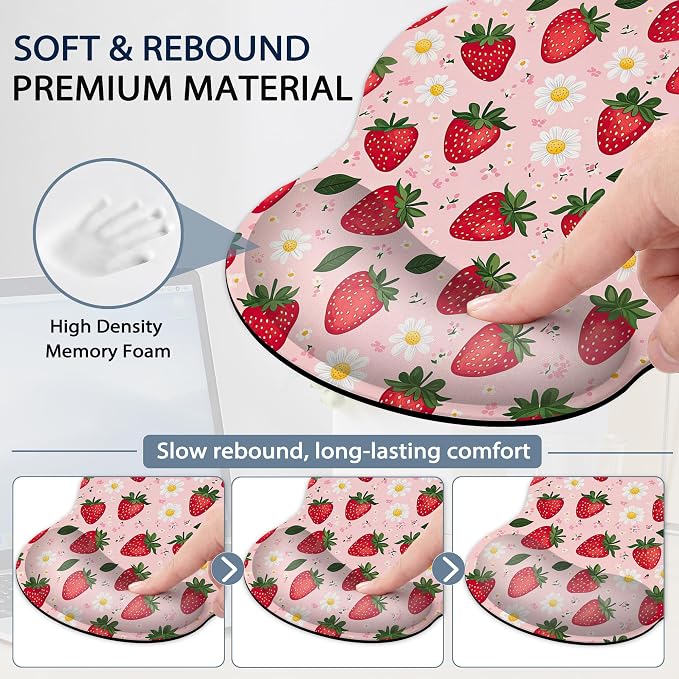 Ergonomic Memory Foam Wrist Rest Set for Keyboard and Mouse,Cute Strawberry Flower Supportive Mouse Pad with Non Slip Base for Office Work and Gaming