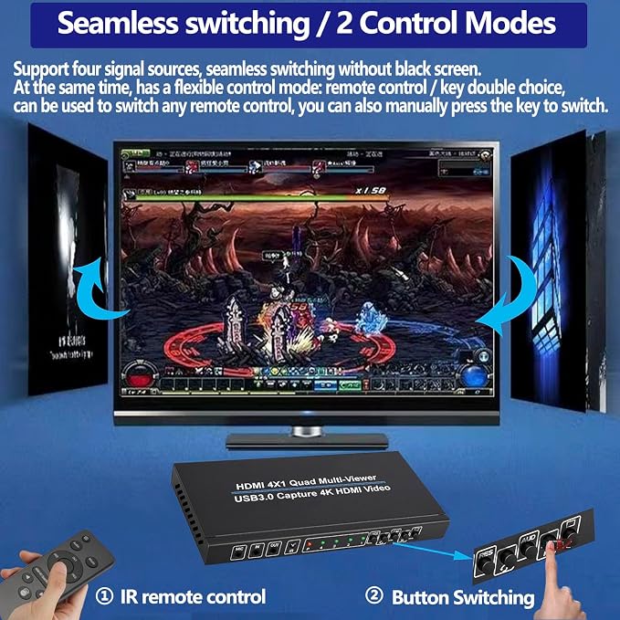4K HDMI 4X1 Multiviewer with PIP USB3.0 Video Capture SIGRAPID Screen Divider 4 HDMI in 1HDMI and 1USB3.0 Video Capture Out Seamless Switch Display Supports IR/MC/Audio 4K@30Hz(YUV) 10 View Modes etc.