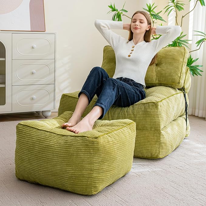 HIGOGOGO Square Stuffed Pouf Ottoman, Corduroy Poufs with Foam Chunk Filling, Furry and Fluffy Pouf Foot Stool Storage Ottoman, 25.6 X 25.6 Floor Poufs Foot Rest for Living Room, Green