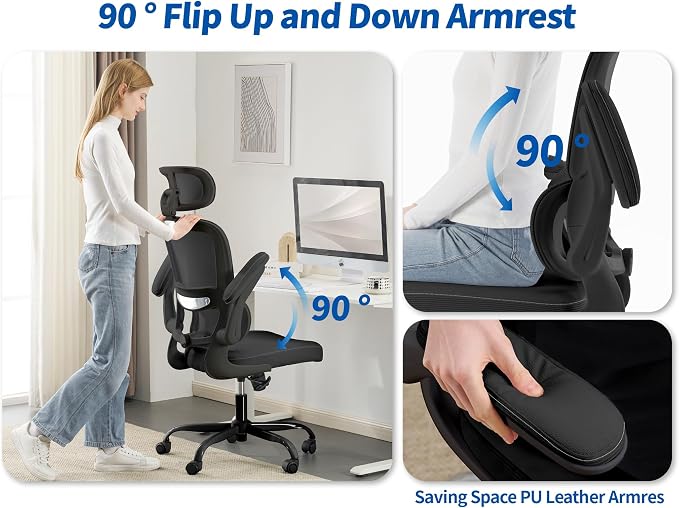 TRALT Ergonomic Office Chair - Desk Chair with Adjustable Headrest Lumbar Support Computer Chair - Mesh Comfy Chair with Flip-up Armrests - Gaming Chair for Adults Home Office PU, Black, Pack of 8