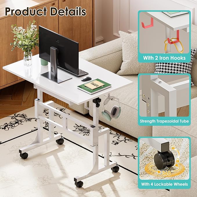 Small White Standing Computer Desk with Drawers,Height Adjustable Home Office Sit Stand Up Desk with 4 Wheels & 2 Hooks,Portable Rolling Work Study Gaming Table for Laptop Tablet Walking Pad Treadmill