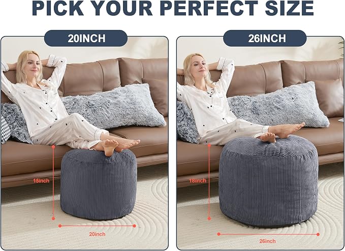 WSOFRLAC Pouf Ottoman Foot Stools with Foam Small Ottoman for Living Room Corduroy Ottomans Pouf 26x18 Floor Poufs Foot Rest for Chair Dark Grey Hassocks and Ottomans