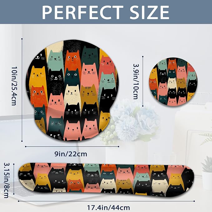 Cute Cat Wrist Rest Mouse Pad and Keyboard Support Set,3 in 1 Ergonomic Memory Foam Mousepad with Non Slip Base, Gaming Mouse Pad for Office and Home