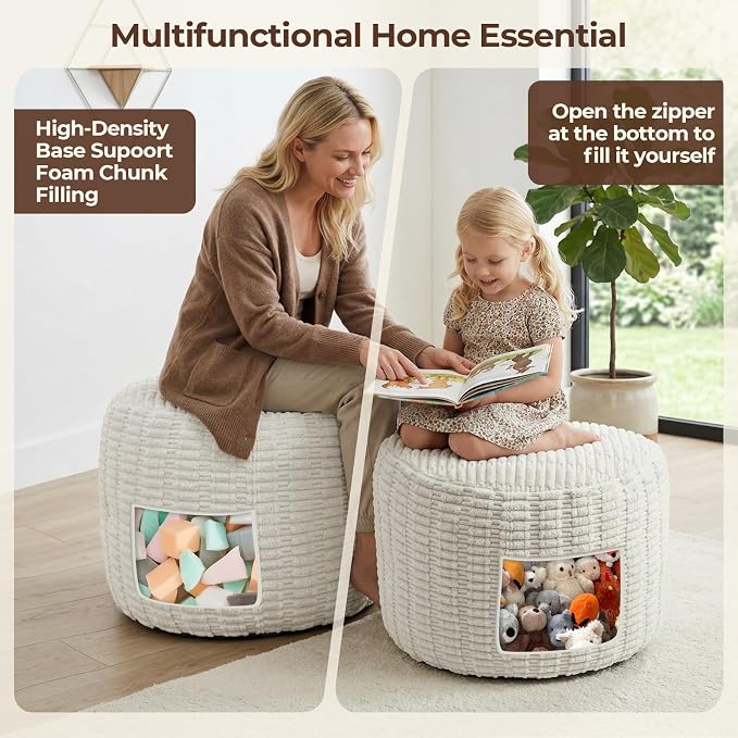 Large Round Pouf Ottoman Stuffed Corduroy Poufs Foot Rest with Foam Filling Fluffy Pouf Storage Ottoman Relax Stool for Living Room Couch 26 X 18 Inches, Cream
