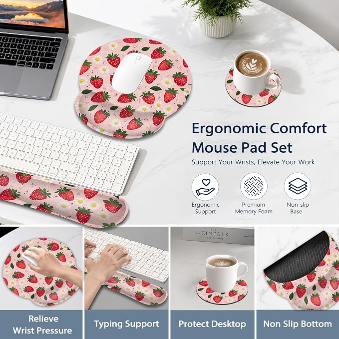 Ergonomic Memory Foam Wrist Rest Set for Keyboard and Mouse,Cute Strawberry Flower Supportive Mouse Pad with Non Slip Base for Office Work and Gaming