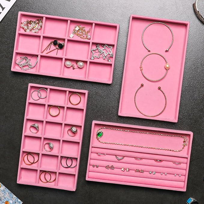 Frebeauty Jewelry Organizer Tray,Stackable Velvet Jewelry Trays,Drawer Inserts Earring Organizer For Women Jewelry Storage Display Case for Rings Stud Necklaces,8.3 x 4.9 x 1 Inches (Pink)