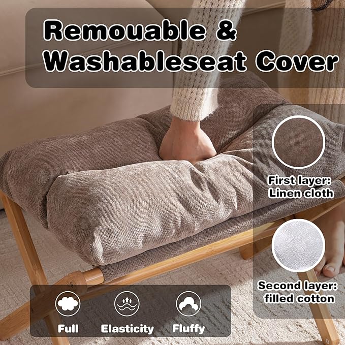 Baveke Folding Foot Stool, Small Accent Ottoman with Thick Cotton Cushion & Bamboo X Legs, Modern Padded Sofa Stool for Makeup Bedroom Living Room (Brown)