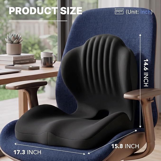 Ergonomic Office Chair Seat Cushion, L-Shaped Memory Foam Coccyx Cushion for Tailbone Pain Relief, Orthopedic Car Seat Cushion with Lumbar Support & Cutout Hollow for Sciatica & Back Pain (Black)