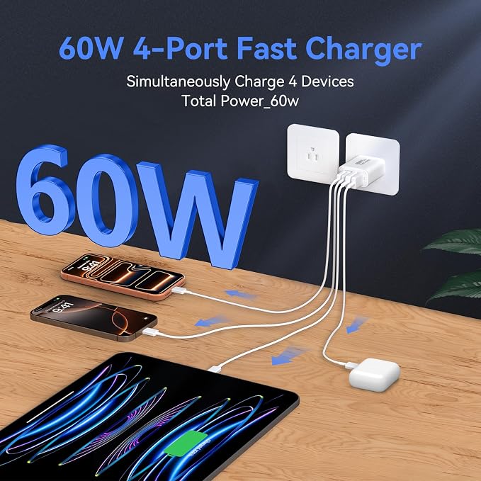USB C Wall Fast Charger Block, 60W 4-Port Type C Charger Fast Charging Blocks +QC 3.0 USB C Multiport Charger Brick for Phone 16/15/14/13/12 Pro Max, Pad, Galaxy S24/23