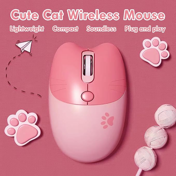 Lomiluskr Cute Cat Wireless Mouse, Lightweight Soundless Mice, 2.4G Wireless Mice, Candy Colors, Kawaii Mouse for Girls and Kids (Pink)