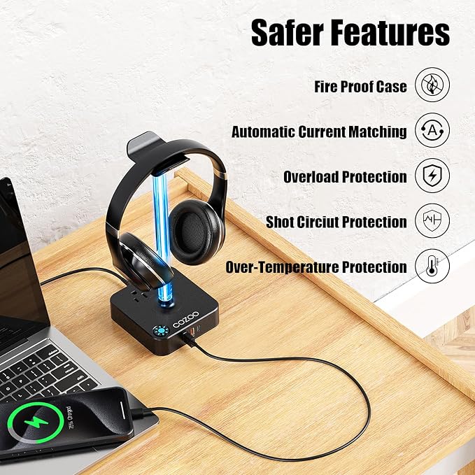 RGB Headphone Stand with USB Charger COZOO Desktop Gaming Headset Holder Hanger with 3 USB Charger and 2 Outlets - Great for Gaming, DJ, Wireless Earphone Display,Gamer PC Accessories Boyfriend Gifts