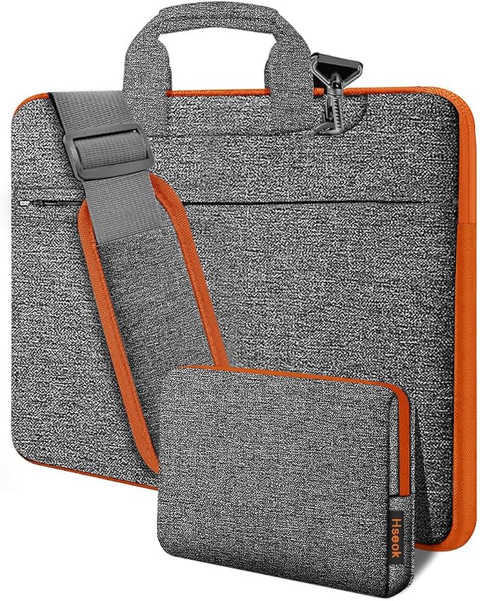 Hseok Laptop Shoulder Bag 15.6-16 inch Case,Water-Resistant Shockproof Computer Handbag with Small Case Compatible with MacBook Pro/Neo 16",Mac Air 15 M5, XPS 15/16 and most 15.6-16 PC,Gray-orange